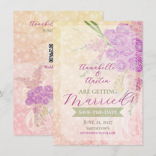 Sunset Rose blush sheer bow Bouquet  招待状 (正面/裏面)