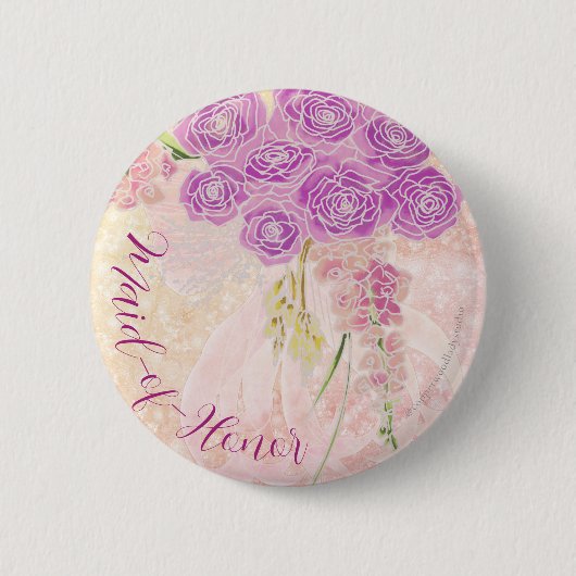 Sunset rose Blush sheer bow Bouquet Maid-of-Honor 缶バッジ (正面)