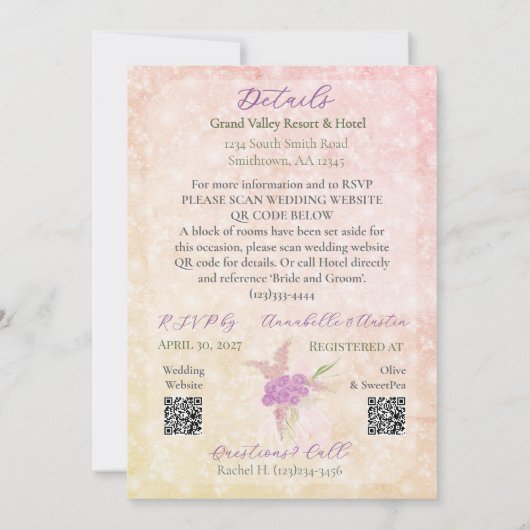 Sunset Rose blush Sheer bow Bouquet Wedding  招待状 (裏面)