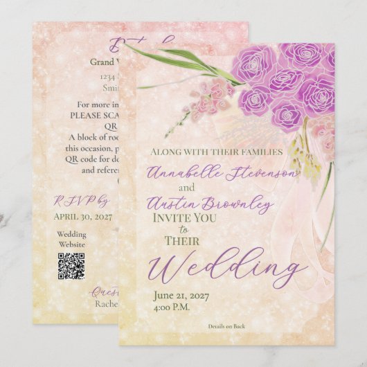 Sunset Rose blush Sheer bow Bouquet Wedding  招待状 (正面/裏面)