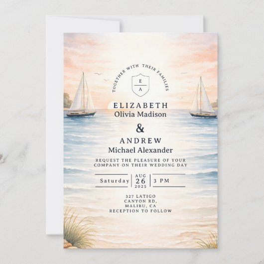 Sunset Sailboat Seaside Wedding 招待状 (正面)