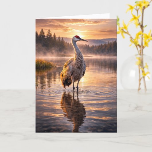 Sunset Sandhill Crane Reflective Water Scene カード (黄色い花)
