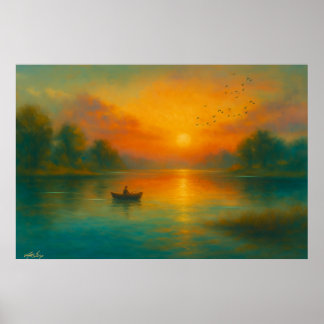 Sunset Solitude - Fisherman in Golden Reflection ポスター