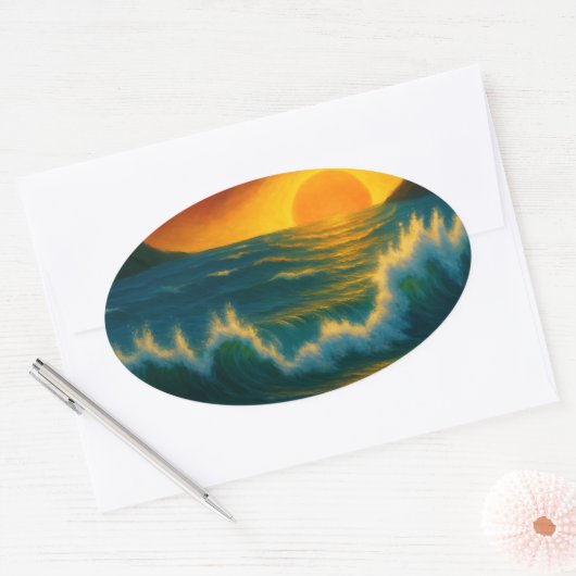 Sunset Surf – Bold Ocean Wave Art Sticker 楕円形シール (封筒)
