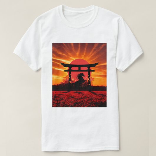 Sunset Torii & Horse – Japanese Landscape Art T-sh Tシャツ (デザイン正面)