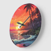 Sunset Tropical Beach Paradise Island  ラージ壁時計 (傾斜)