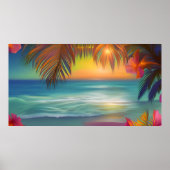 Sunset Tropical Beach Sand ocean palm trees Flower ポスター (正面)