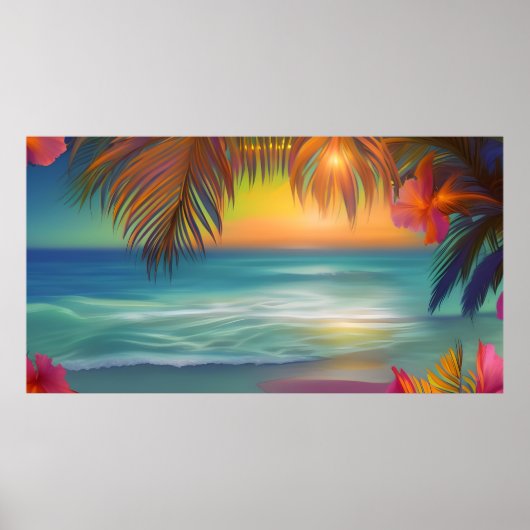 Sunset Tropical Beach Sand ocean palm trees Flower ポスター (正面)