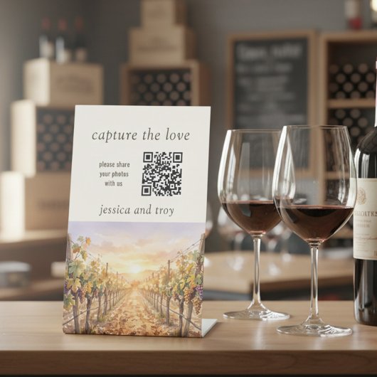 Sunset Vineyard QR Code Capture the Love Wedding 台座サイン