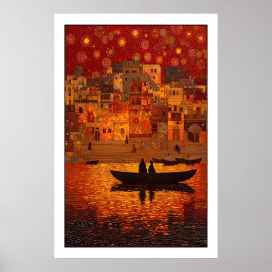 Sunset Wall Art Bohemian River Scene - Warm Orange ポスター (正面)