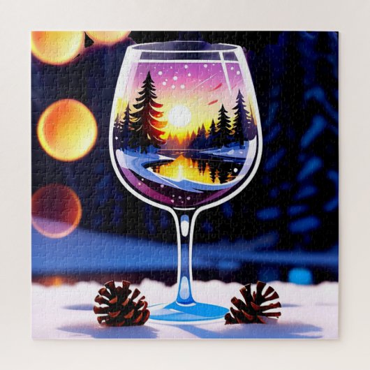 Sunset Winter Scene Reflected In Wine Glass ジグソーパズル (縦)