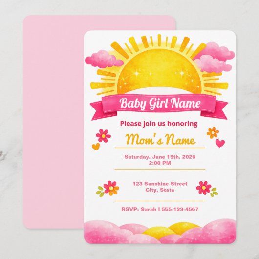 Sunshine Baby Girl Watercolor Shower 招待状 (正面/裏面)
