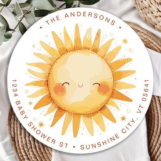 Sunshine Baby Shower Boho Cute Sun Return Address ラウンドシール