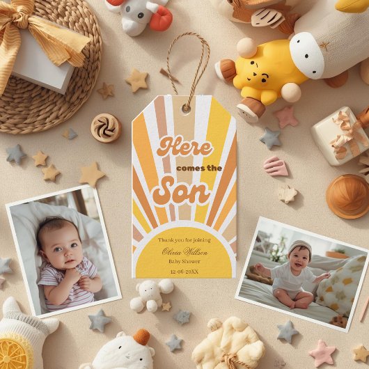 Sunshine Baby Shower Boho Retro Yellow Sunshine ギフトタグ