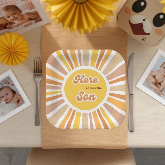 Sunshine Baby Shower Boho Retro Yellow Sunshine ペーパープレート