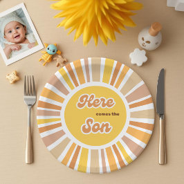 Sunshine Baby Shower Boho Retro Yellow Sunshine ペーパープレート