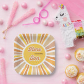 Sunshine Baby Shower Boho Retro Yellow Sunshine ペーパープレート (パーティー)