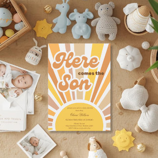 Sunshine Baby Shower Boho Retro Yellow Sunshine 招待状