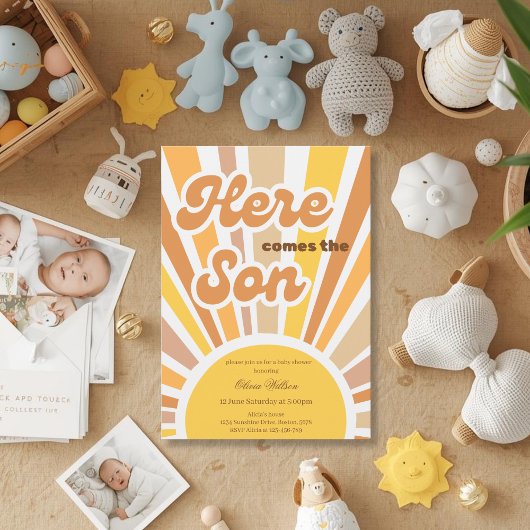 Sunshine Baby Shower Boho Retro Yellow Sunshine 招待状