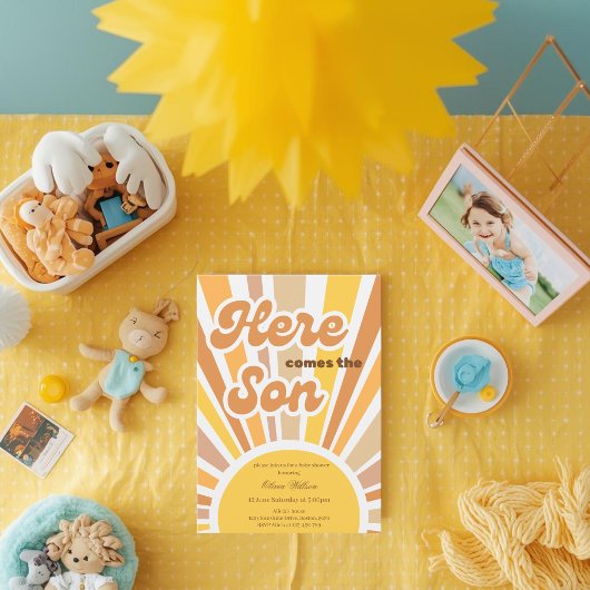 Sunshine Baby Shower Boho Retro Yellow Sunshine 招待状