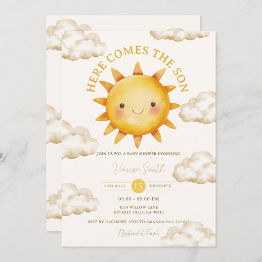 Sunshine Cloud Here Comes the Son Baby Shower 招待状 (正面/裏面)