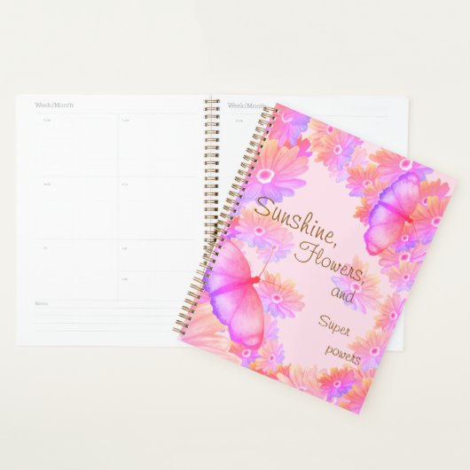 "Sunshine, Flowers & Superpowers" Pink Butterfly プランナー手帳 (ディスプレー)