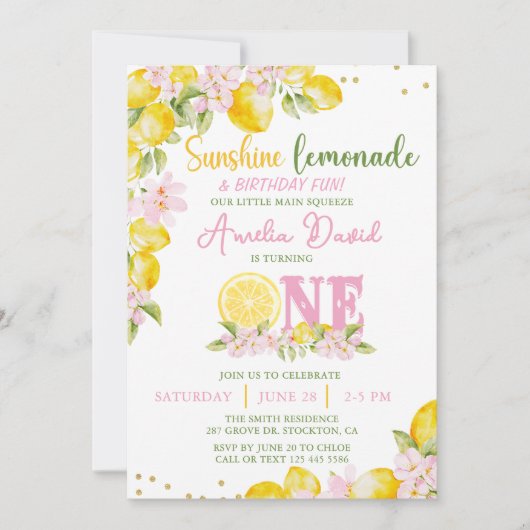 Sunshine Lemon Lemonade First Birthday Invitation 招待状 (正面)