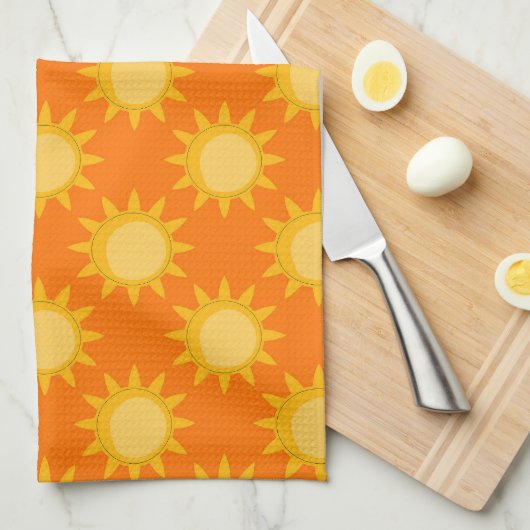 Sunshine Sun Pattern Design On Orange  キッチンタオル (四つ折り)