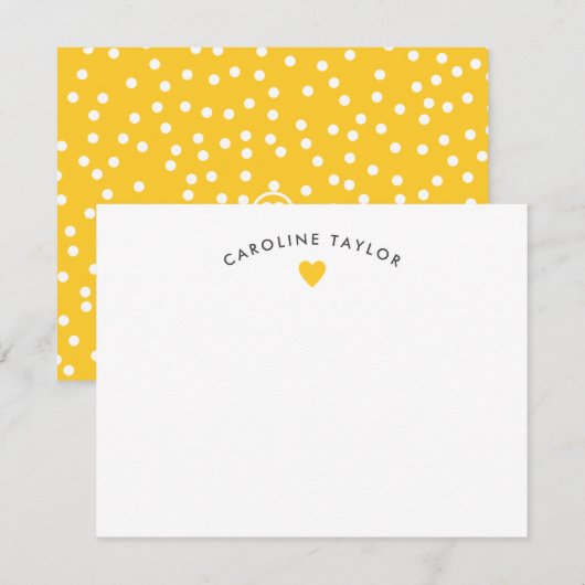 Sunshine Yellow Heart & Dots Cute Girly ノートカード (正面/裏面)