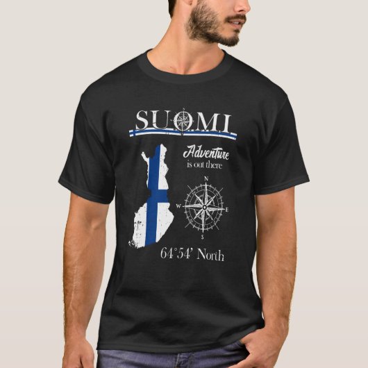 Suomi Finland Adventure Is Out There Finnish Flag Tシャツ (正面)