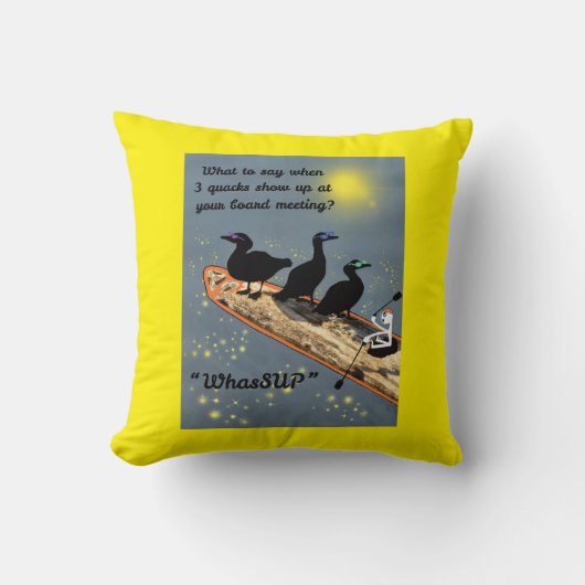 SUPボードにアヒルが付いた「WhasSUP」 クッション (正面)