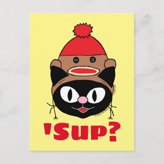 'Sup? (どうしたの?) ネコの靴下モンキーハット ポストカード (正面)