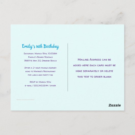 SUP ティーン女子誕生日パーティー招待状ポストカード ポストカード (裏面)