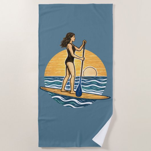 SUP Sunset Paddleboard | Blue Coastal Life Graphic ビーチタオル (正面)