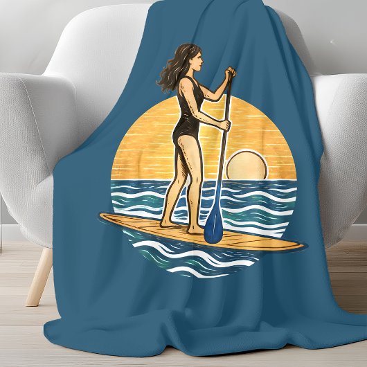 SUP Sunset Paddleboard | Blue Coastal Life Graphic フリースブランケット