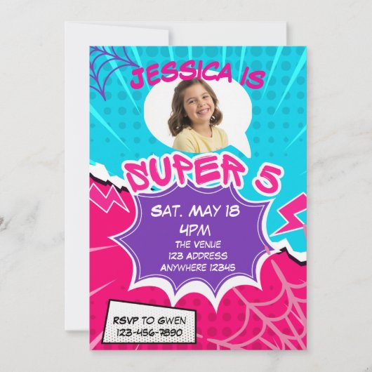 Super 5 Pink Purple Web Comic 5th Birthday  招待状 (正面)