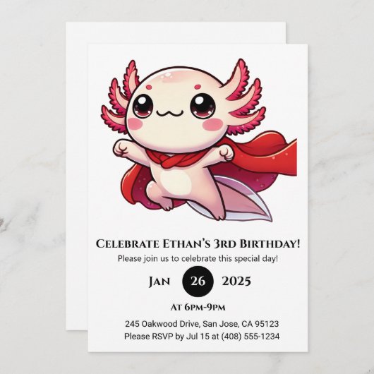 Super Axolotl Hero Birthday 招待状 (正面/裏面)