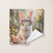 Super cute bunny with a flower wreath on its head  ウォッシュタオル (ウォッシュタオル)