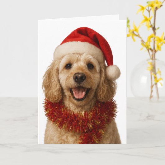Super cute cream Cockerpoo Christmas card カード (黄色い花)