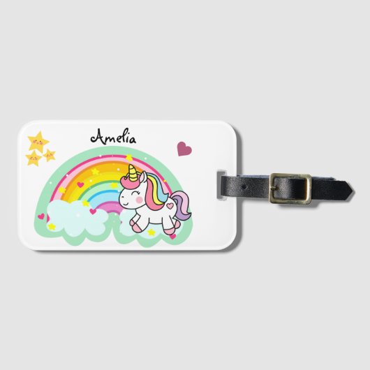 Super Cute Unicorn and Rainbow Personalised ラゲッジタグ (正面横)