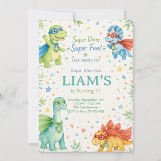 Super Dinos Super Fun Watercolor Dinosaur Birthday 招待状