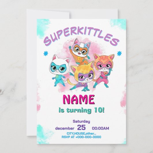 Super Kitties Birthday Invitation Template: Girl シーズンカード (正面)