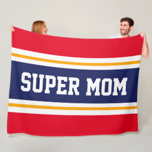 SUPER MOM 鮮やか赤 白 ネイビーブルー ストライプ フリースブランケット