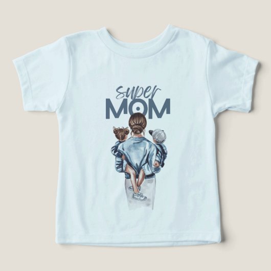 Super Mom Blue Watercolor Mother and Children Art (デザイン正面)
