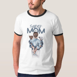Super Mom Blue Watercolor Mother and Children Art Tシャツ