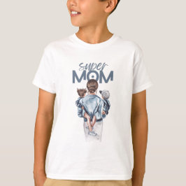Super Mom Blue Watercolor Mother and Children Art Tシャツ