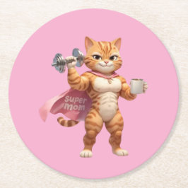 Super Mom Gym Cat Pink Tumbler ラウンドペーパーコースター