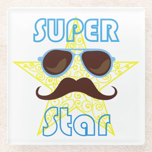 Super Star with sunglasses and mustache ガラスコースター (正面)