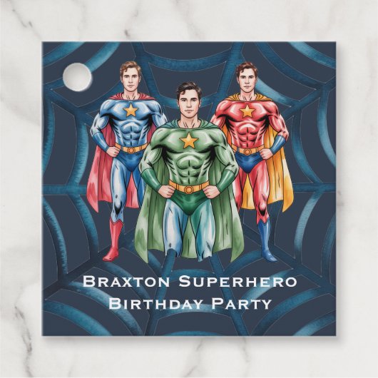Superhero Birthday Party For Boys Thank You フェイバータグ (正面)