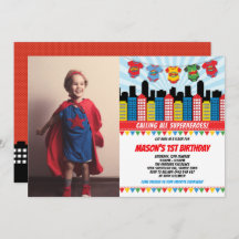 Superhero Boy 1st Birthday Cityscapeパーティー写真